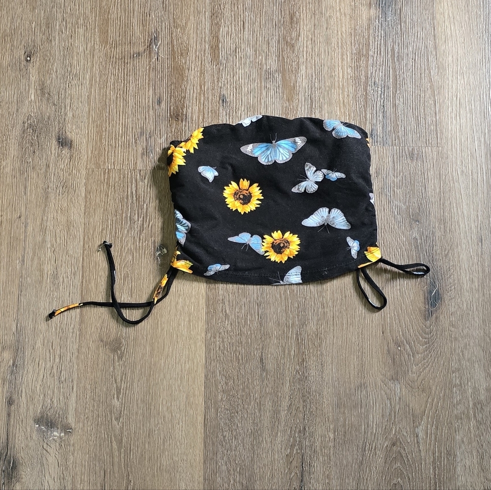 Black Crop Top with Sunflower and Butterfly Print